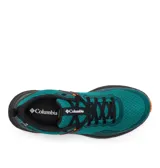 Calzado de trekking Columbia modelo Konos Trs Outdry, color verde azulado con detalles en negro y suela naranja. Diseñado para senderismo con tecnología impermeable OutDry y suela Omni-Max para mayor tracción y amortiguación.