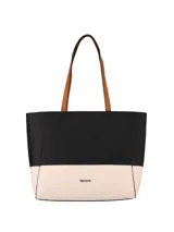 Bolso tipo shopper de diseño bicolor, con cuerpo superior en negro y base en beige. Presenta manijas largas en color suela y logo metálico de la marca Terrano en el frente.