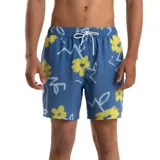 Short de baño Quiksilver modelo Street Floral para hombre, de color azul con estampado de flores amarillas y trazos blancos. Cuenta con cintura elástica y cordón ajustable blanco.