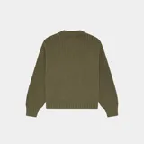Sweater de punto grueso verde militar, con cuello redondo, puños y bajo de canalé, y logotipo bordado de EME Studios en el pecho. Presenta silueta holgada y cuadrada.