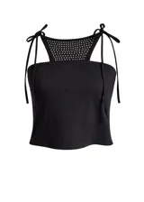 Top de bikini negro con diseño strapless, breteles ajustables para atar en los hombros y espalda con detalle de pedrería.