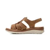 Sandalia casual Korium Confort modelo Halsey, de color beige con plataforma baja, tiras frontales cruzadas y cierre de velcro ajustable.
