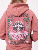 Canguro color crema con capucha y estampado grande en la espalda de un sol con un ojo, montañas, mariposas y texto.