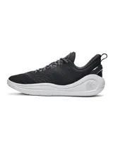 Championes de básquetbol Under Armour Curry 12, modelo Wardell, con parte superior de malla transpirable en color negro y suela de tecnología UA Flow de doble densidad en color blanco con detalles moteados. Presenta contrafuerte de TPU en el talón y diseño ergonómico para mayor soporte y estabilidad en la cancha.