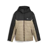 Campera acolchada Puma con capucha, diseño bicolor en negro y beige, cierre frontal completo y logo de la marca estampado en el pecho.