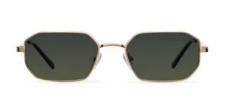 Lentes de sol geométricos con montura dorada de acero inoxidable y lentes polarizadas verdes con protección UV400.