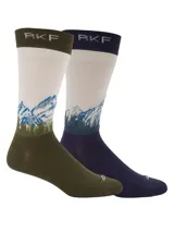 Calcetín de largo medio marca RKF, con diseño de paisaje montañoso en la caña y logo bordado en el puño. Presenta una combinación de colores azul marino y beige.
