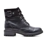 Bota de cuero sintético negra con cordones y hebilla decorativa.