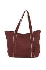 Bolso tipo tote de tela color verde agua con detalles en crudo en asas, borde superior y bolsillo frontal.