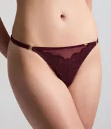Bombacha tipo colaless confeccionada en encaje floral con transparencias, laterales finos y detalles metálicos dorados.