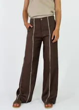 Pantalón de lino blanco de corte recto y holgado, con costuras decorativas verticales al frente.