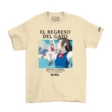 Remera de algodón color beige con estampa frontal estilo póster de la película de Studio Ghibli El Regreso del Gato.