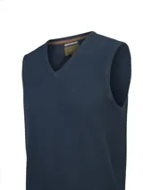 Chaleco de punto azul marino sin mangas, con escote en V y detalle de logo bordado en el pecho.