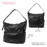 Bolso negro de cuero sintético con correa de hombro ajustable, bolsillo frontal con cierre y bolsillos laterales abiertos.