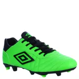 Championes de fútbol Umbro Touch FG, diseñados para césped natural. Presentan un acabado plateado metalizado con detalles en amarillo neón en el logo lateral, talón y tapones. Confeccionados en material sintético resistente con cierre de cordones.