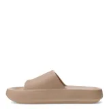 Chanclas de goma color beige de suela gruesa y diseño slide con textura en relieve y logo de la marca en la tira.