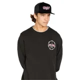 Gorra tipo trucker de cinco paneles, color negro, confeccionada en pana con paneles traseros de malla. Presenta visera plana y bordado frontal con el logo de la marca en tipografía gótica con contorno rojo.