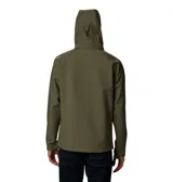 Chaqueta softshell Columbia modelo Cascade Ridge III, color verde oliva. Cuenta con capucha desmontable, cierre frontal completo, bolsillo con cremallera en el pecho, bolsillos laterales, puños ajustables con velcro y tecnología Omni-Shield resistente al agua.