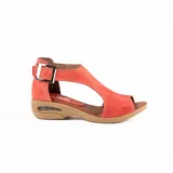 Sandalia baja Vanzetti de cuero color coral, con tira en T, hebilla metálica ajustable y suela con cámara de aire.