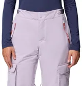 Pantalón de esquí Columbia modelo Coreshot, color lila, con tecnología impermeable y transpirable Omni-Tech. Presenta bolsillos cargo laterales, bolsillos con cremallera, cintura ajustable, rodillas articuladas y refuerzos en el dobladillo.