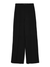 Pantalón wide leg de tiro alto con pinzas frontales. Confeccionado en tejido de punto interlock, presenta un diseño largo de calce amplio y textura firme.
