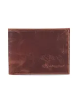 Billetera de cuero vacuno color marrón con acabado graso y logo de la marca grabado en el frente.