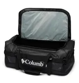 Bolso de lona Columbia modelo Landroamer de 60 litros, color negro, con diseño versátil que permite usarlo como mochila gracias a sus correas plegables. Cuenta con múltiples asas de transporte, correas de compresión, bolsillo externo con cremallera y compartimento principal amplio.
