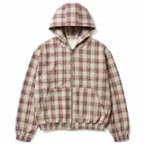 Campera con capucha y cierre frontal completo, con diseño a cuadros en tonos beige y bordó, bolsillos frontales tipo canguro y elástico en puños y cintura.