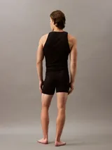 Pack de tres remeras de tirantes Calvin Klein color negro, confeccionadas en algodón puro. Presentan cuello abierto, diseño sin mangas y logo monograma bordado en el dobladillo.