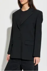 Blazer sastrero Diesel G-Kess-R1 para mujer de calce relajado y oversize, color negro, confeccionado en mezcla de poliéster, lana y elastano. Presenta solapas clásicas, cierre frontal de dos botones, bolsillos con solapa y placa metálica con el logo Oval D en la espalda.