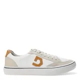 Championes urbanos Democrata modelo Yane, color blanco con detalle de logo lateral en azul marino y refuerzo en el talón color marrón. Presentan cierre con cordones y suela de goma texturizada.