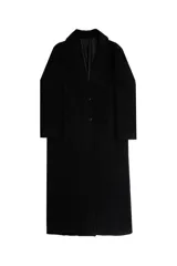 Tapado largo de corte oversize con cuello solapa y cierre frontal de botones. Confeccionado en tejido plano con textura, presenta un diseño estructurado y amplio.