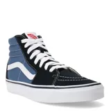 Championes de caña alta Vans SK8, color azul marino con detalles en negro y blanco. Presentan la clásica banda lateral blanca de Vans, cordones blancos y suela de goma blanca.