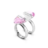Anillo con doble banda plateada y cristal rosa en forma de pera con cierre magnético. Diseñado por Giovanna Engelbert para Swarovski.
