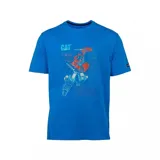 Remera Caterpillar de manga corta y cuello redondo, color azul, con estampa frontal temática de Transformers y logo CAT.