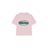 Remera oversize de manga corta Eme Studios modelo Oval Toadstool, color rosado con cuello redondo y estampado ovalado frontal en tonos verde y azul marino con efecto desgastado.