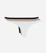 Kit de tres bombachas tipo colaless marca Lov, confeccionadas en microfibra con corte a hilo y laterales finos. Incluye colores negro, beige y blanco.