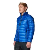 Campera puffer Columbia Titanium de alto rendimiento, color azul vibrante. Cuenta con tecnología Omni-Heat Arctic y Omni-Shield, aislamiento de plumón de ganso de 700 fill power, cierre frontal completo, cuello alto con mentonera, bolsillos laterales y en el pecho con cremallera, y dobladillo ajustable.