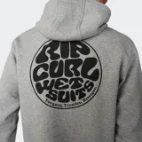 Canguro gris melange con capucha y cordones ajustables, bolsillo tipo canguro delantero y pequeño estampado circular en el pecho de la marca Rip Curl.