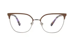 Anteojos de metal con forma de ojo de gato, color dorado con detalles marrones y violetas en las patillas.