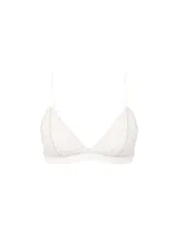 Bralette de encaje blanco sin aros, con copas triangulares y tirantes finos ajustables.