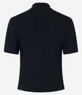 Blusa de corte regular confeccionada en tejido de rib acanalado color naranja. Presenta cuello alto y mangas cortas.