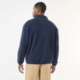 Sweater de polar azul marino con cuello camionero y cierre frontal de botones a presión. Diseño de manga larga y calce holgado.