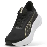 Championes Puma MaxStride Lite, de color negro con detalles dorados y suela gruesa blanca con tecnología Pumalite, diseñados para running y training.
