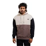 Buzo canguro con capucha y bolsillo frontal tipo kanga, de diseño tricolor con bloques en beige, marrón y negro. Cuenta con mangas largas con puños elásticos y cordones ajustables en la capucha.
