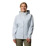 Campera impermeable Columbia modelo Arcadia II, color gris claro, con capucha ajustable, cierre frontal con solapa, bolsillos laterales con cremallera y tecnología Omni-Tech transpirable.