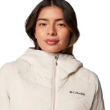 Campera técnica Columbia Joy Peak II con capucha, diseñada con tecnología Omni-Heat Infinity para retención de calor y Omni-Shield para repelencia al agua. Cuenta con aislamiento Thermator de poliéster reciclado, cierre frontal completo, bolsillos laterales con cremallera, puños con orificio para pulgar y cuello forrado en vellón.