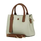 Cartera Darkness de cuero sintético color blanco con detalles en marrón. Tiene doble asa corta y correa larga desmontable.