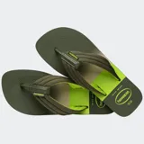Ojotas Havaianas Urban Print con base verde militar y verde neón, tiras anchas bicolores con logo de la marca.