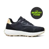 Championes urbanos American Sport Zoe, color negro con detalles en gamuza negra y dorado. Suela blanca con base marrón.
